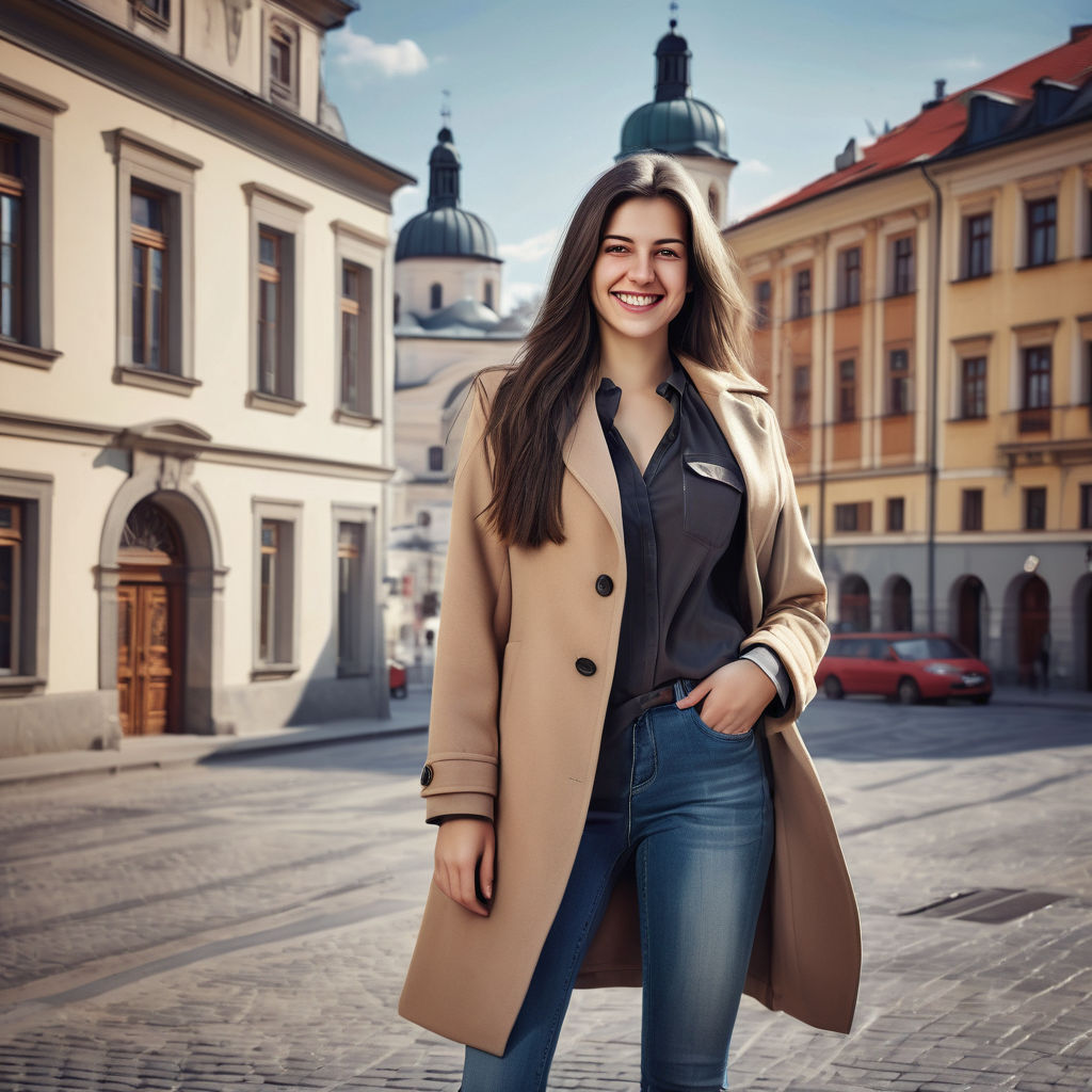 a young Serbian woman in her mid-20s. She has long, dark hair and a bright smile. Her outfit reflects modern Serbian fashion: she is wearing a stylish, fitted coat over a fashionable blouse, paired with slim-fit jeans and ankle boots. The background features a lively Serbian street with historic buildings and a vibrant atmosphere, capturing the essence of Serbian culture and style.