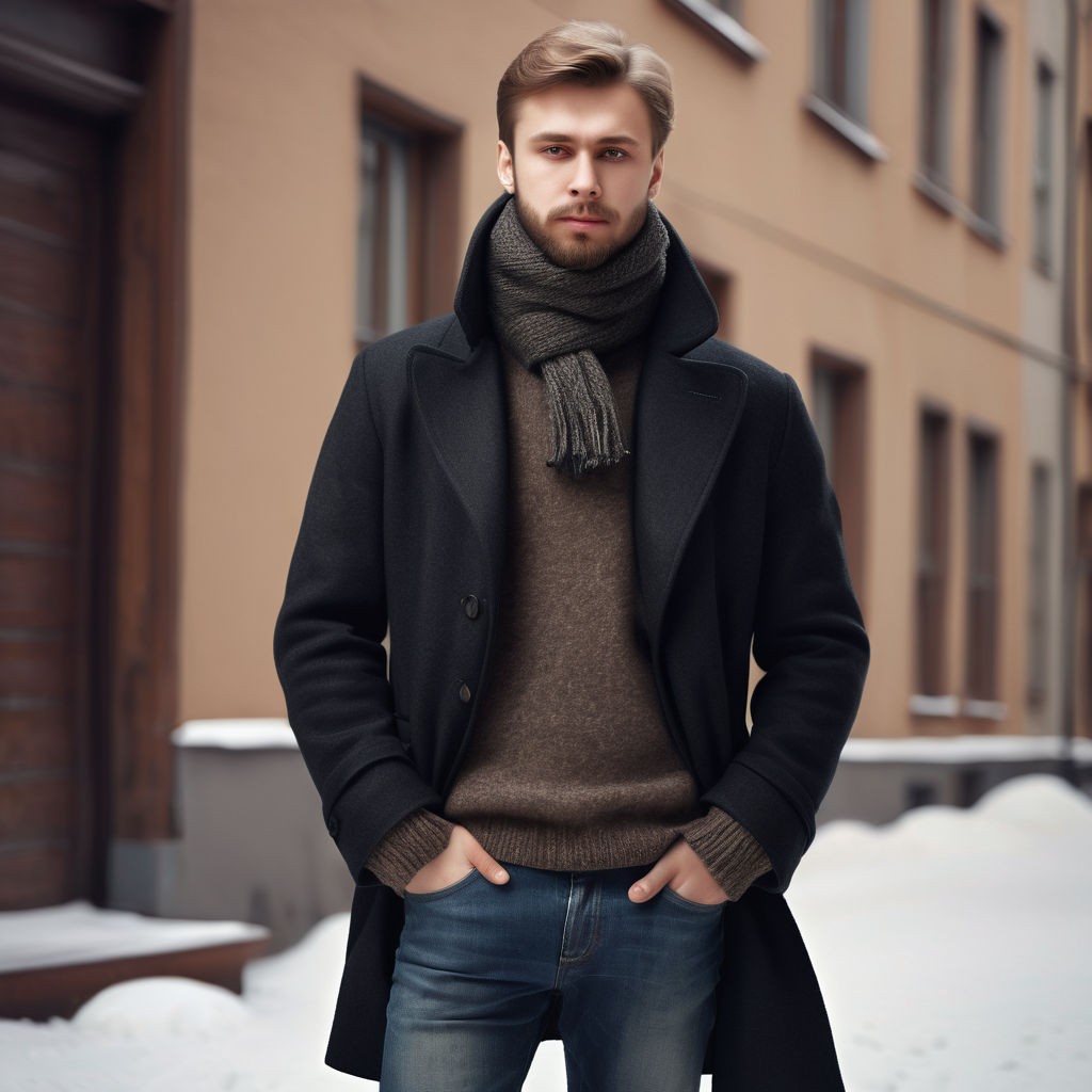 a young Russian man in his mid-20s. He has short, light brown hair, a well-groomed beard, and a confident expression. He is dressed in contemporary Russian fashion, wearing a dark wool coat over a turtleneck sweater, paired with tailored jeans and stylish boots. He accessorizes with a warm scarf and leather gloves. The background features a cityscape with hints of Russian architecture, such as a blend of modern buildings and traditional domes, reflecting the cultural heritage and modern lifestyle of Russia.