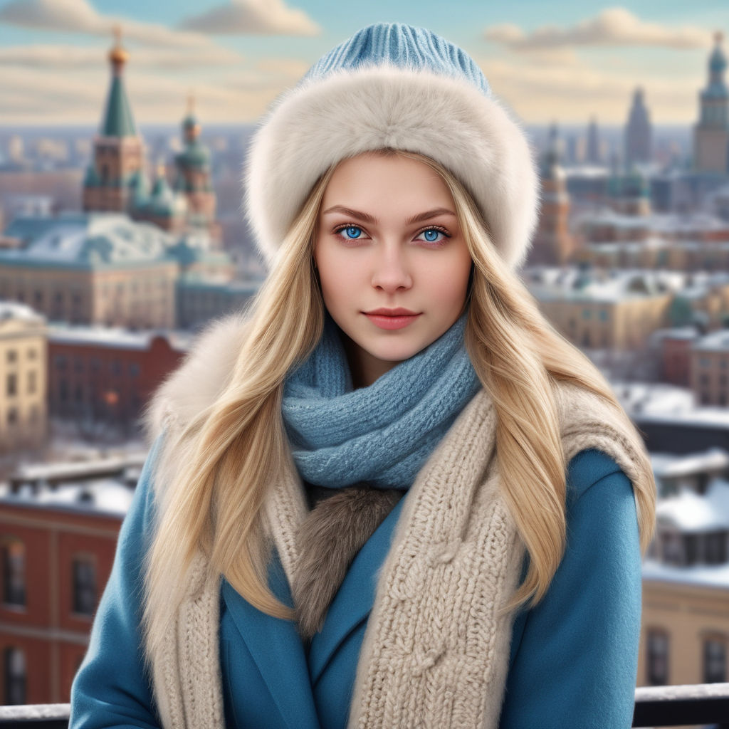 a young Russian woman in her mid-20s. She has long, straight, blonde hair, fair skin, and blue eyes. Dressed in modern Russian fashion, wearing a stylish winter coat with fur trim, a cozy knit sweater. She accessorizes with a chic scarf and a hat. The background features a cityscape with a mix of contemporary buildings and traditional Russian architecture, highlighting the blend of cultural heritage and modern lifestyle in Russia.