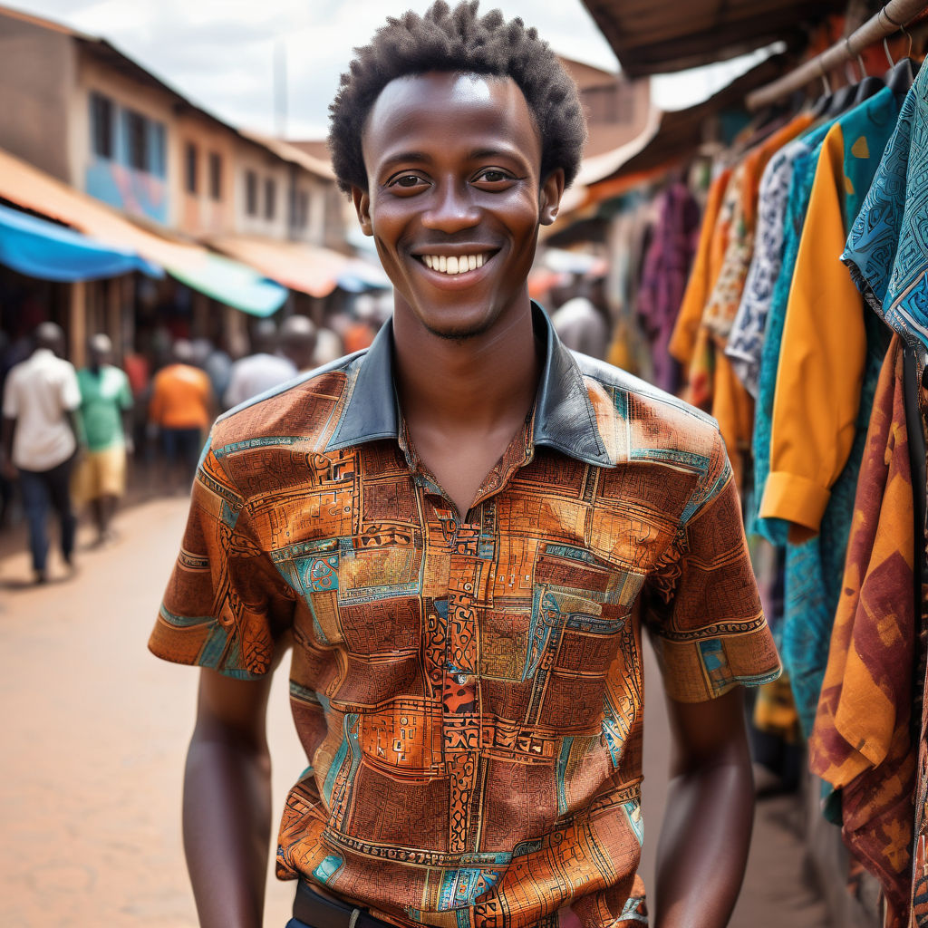 a young Rwandan man in his mid-20s. He has short, curly black hair and a warm smile. His outfit reflects modern Rwandan fashion: he is wearing a traditional Kitenge shirt with vibrant patterns, paired with casual trousers and leather sandals. The background features a lively Rwandan street with bustling markets and traditional architecture, capturing the essence of Rwandan culture and style.