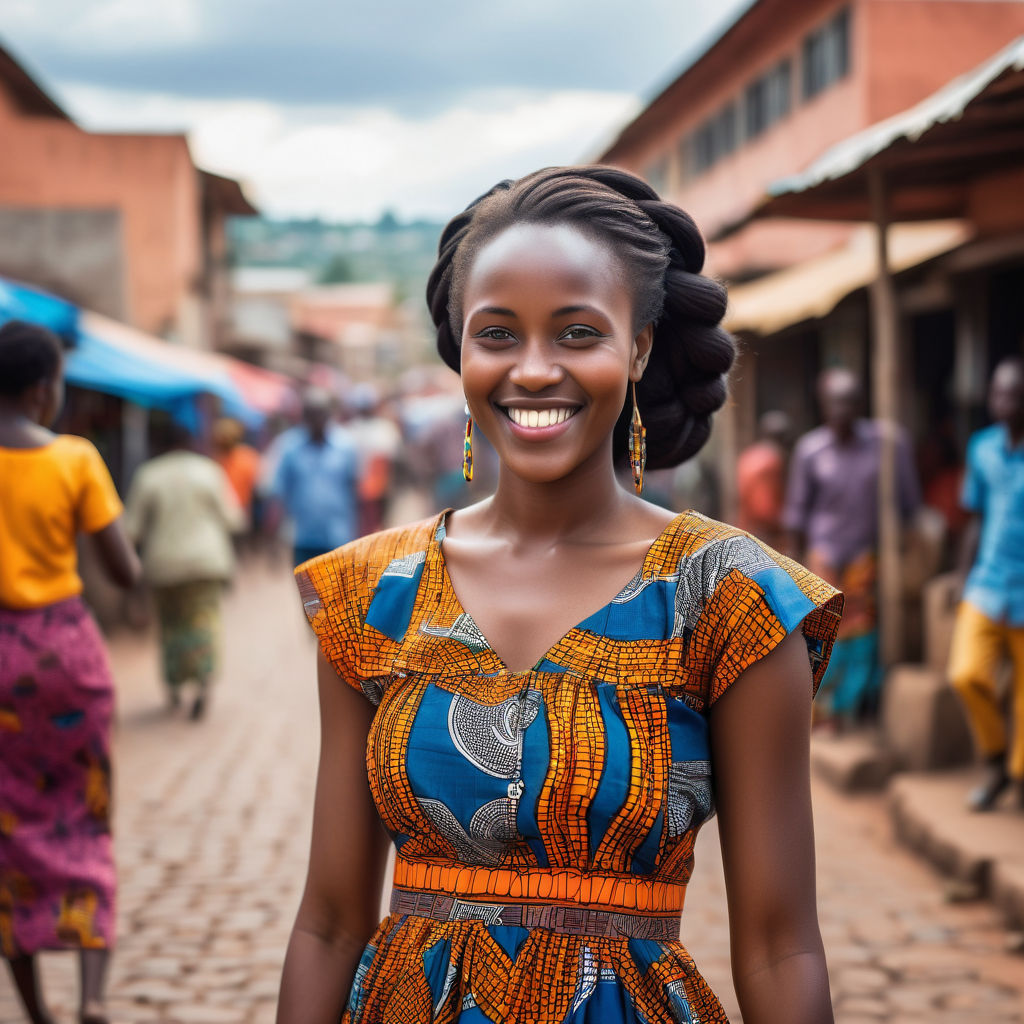 a young Rwandan woman in her mid-20s. She has long, braided black hair and a bright smile. Her outfit reflects modern Rwandan fashion: she is wearing a traditional Kitenge dress with vibrant patterns, paired with traditional jewelry. The background features a lively Rwandan street with bustling markets and traditional architecture, capturing the essence of Rwandan culture and style.