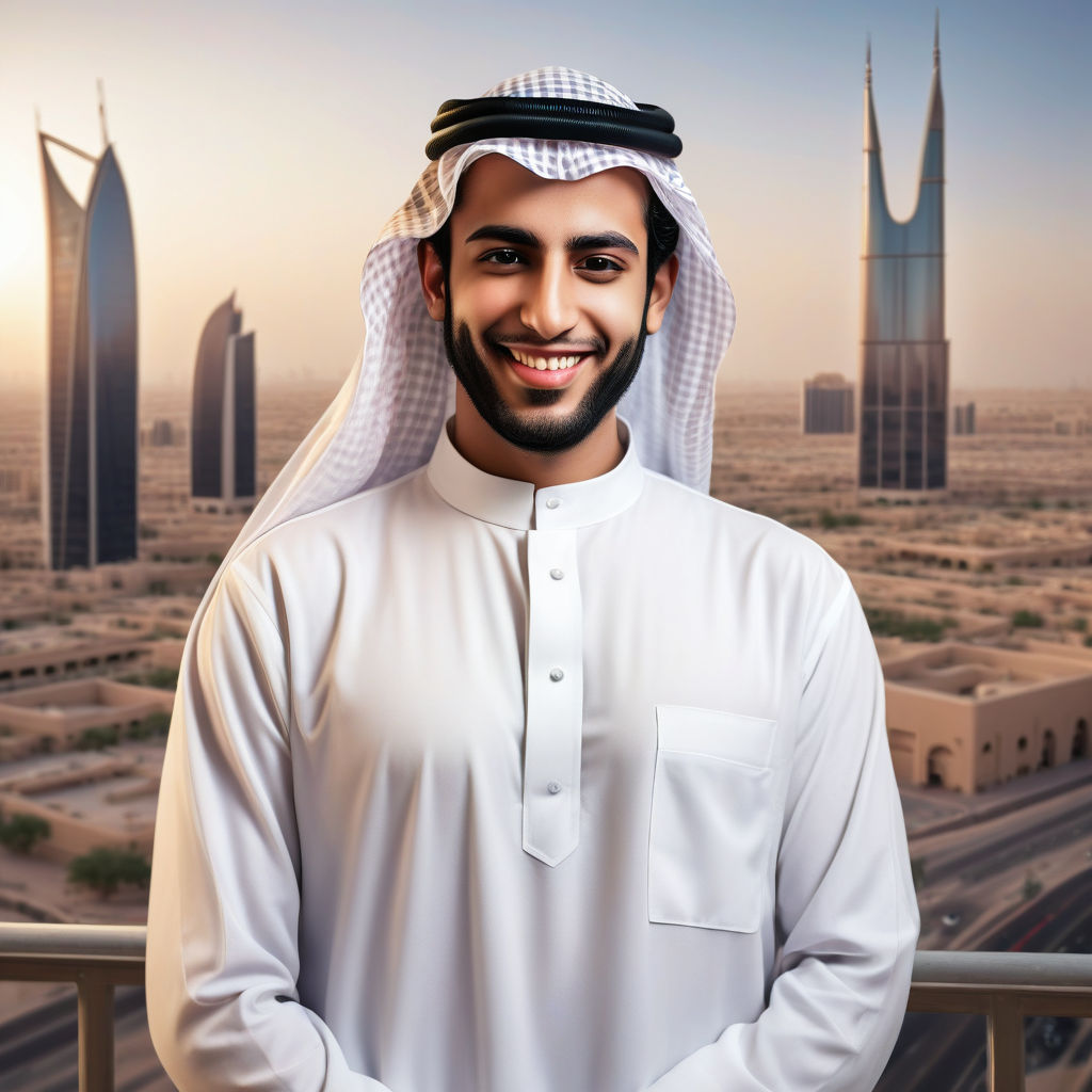 a young Saudi Arabian man in his mid-20s. He has short black hair, a well-groomed beard, and a confident smile. His outfit reflects traditional Saudi Arabian fashion: he is wearing a white thobe with a red and white checkered ghutra. The background features a modern Saudi Arabian cityscape with a blend of traditional and contemporary architecture, capturing the essence of Saudi Arabian culture and style.