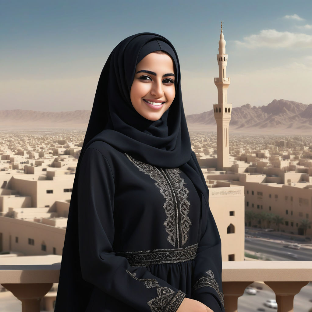 a young Saudi Arabian woman in her mid-20s. She has long, dark hair and a warm smile. Her outfit reflects traditional Saudi Arabian fashion: she is wearing a black abaya with intricate embroidery, paired with a matching hijab. The background features a modern Saudi Arabian cityscape with a blend of traditional and contemporary architecture, capturing the essence of Saudi Arabian culture and style.