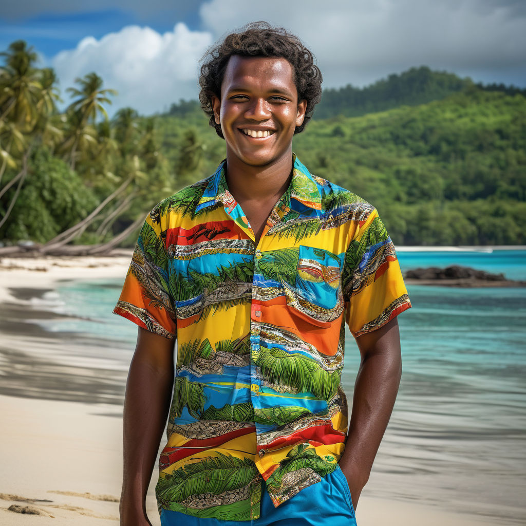 a young Solomon Islander man in his mid-20s from the Solomon Islands. He has short, wavy black hair and a friendly, relaxed smile. His outfit reflects traditional Solomon Islands fashion: he is wearing a brightly colored, tropical shirt with island patterns, paired with casual shorts and flip-flops. The background features a picturesque Solomon Islands beach with clear blue waters and lush palm trees, capturing the essence of Solomon Islands culture and style.