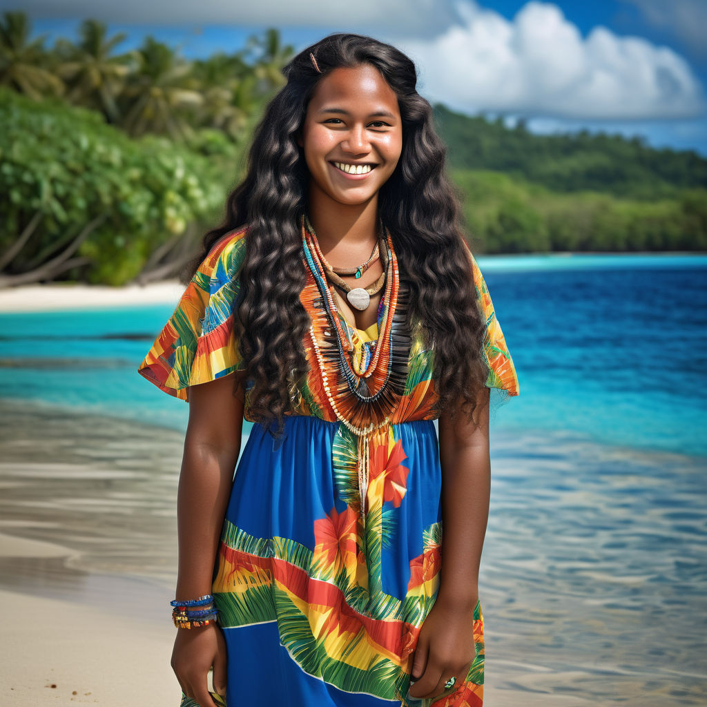 a young Solomon Islander woman in her mid-20s from the Solomon Islands. She has long, wavy black hair and a warm, radiant smile. Her outfit reflects traditional Solomon Islands fashion: she is wearing a colorful, tropical dress with island patterns, paired with simple jewelry and sandals. The background features a beautiful Solomon Islands beach with clear blue waters and lush palm trees, capturing the essence of Solomon Islands culture and style.