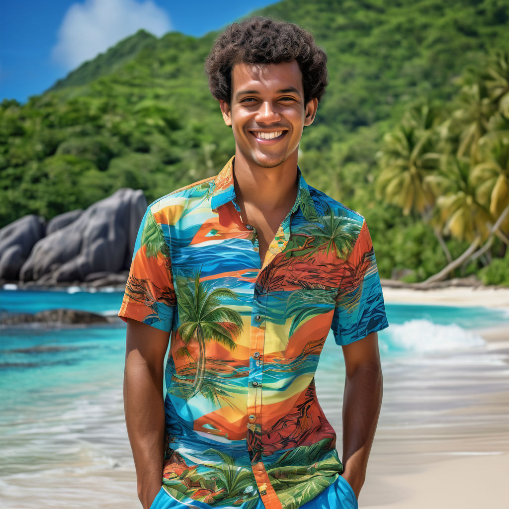 a young Seychellois man in his mid-20s from Seychelles. He has short, curly black hair and a friendly, relaxed smile. His outfit reflects traditional Seychellois fashion: he is wearing a brightly colored, tropical shirt with island patterns, paired with casual shorts and sandals. The background features a stunning Seychellois beach with clear blue waters and lush palm trees, capturing the essence of Seychellois culture and style.