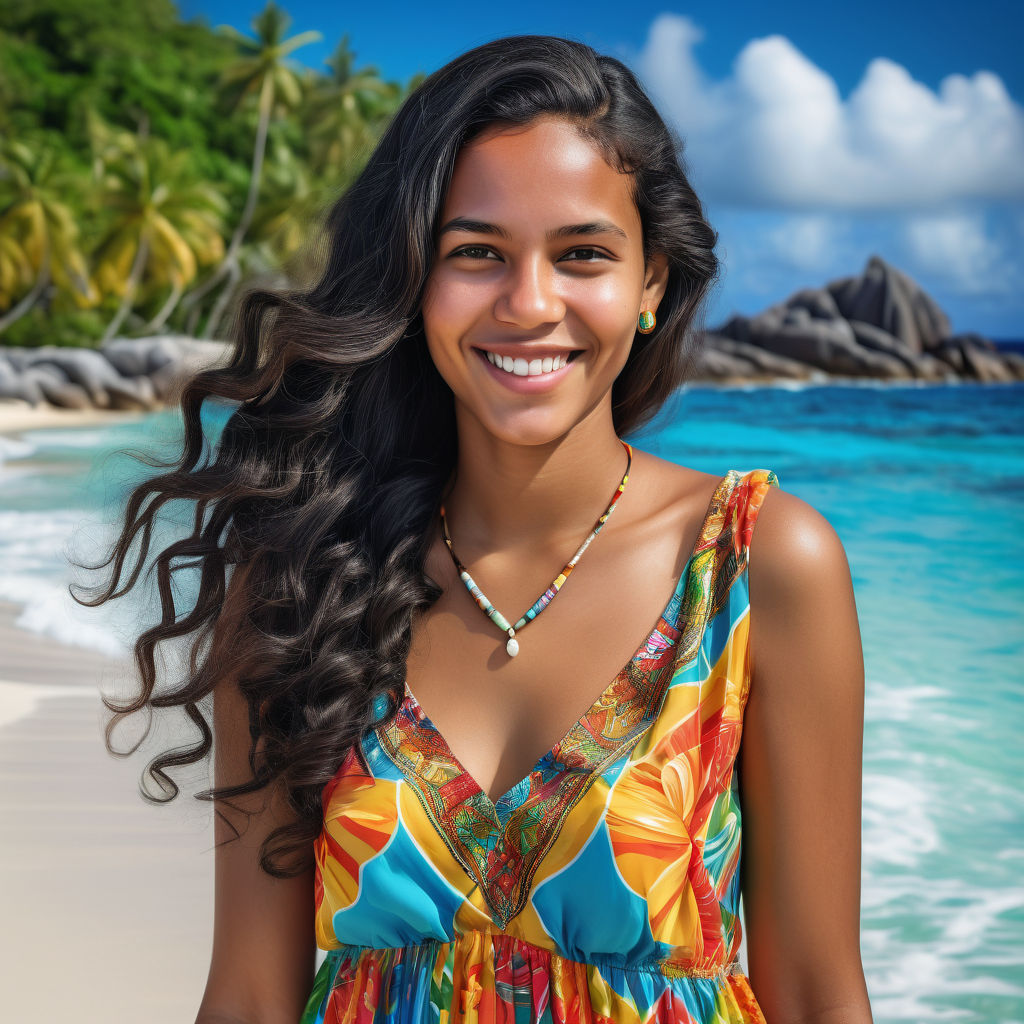 a young Seychellois woman in her mid-20s from Seychelles. She has long, wavy black hair and a warm, radiant smile. Her outfit reflects traditional Seychellois fashion: she is wearing a colorful, tropical dress with vibrant patterns, paired with simple jewelry and sandals. The background features a beautiful Seychellois beach with clear blue waters and lush palm trees, capturing the essence of Seychellois culture and style.