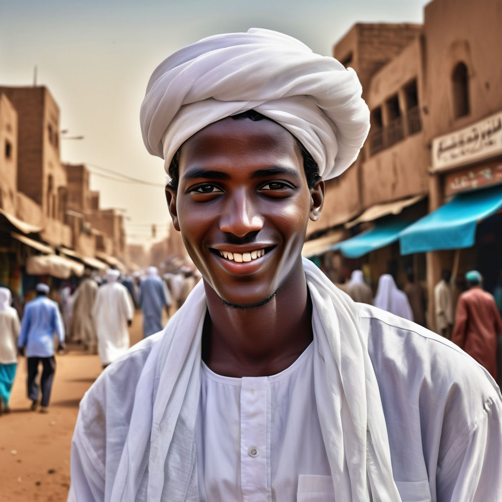 a young Sudanese man in his mid-20s. He has short, curly black hair and a warm smile. His outfit reflects traditional Sudanese fashion: he is wearing a white jalabiya with a matching turban. The background features a lively Sudanese street with bustling markets and traditional architecture, capturing the essence of Sudanese culture and style.