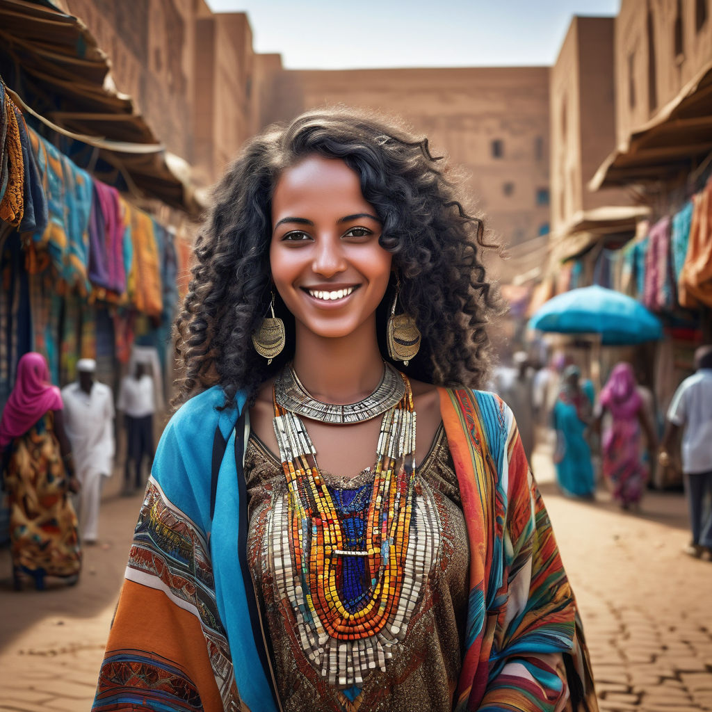 a young Sudanese woman in her mid-20s. She has long, curly black hair and a warm smile. Her outfit reflects traditional Sudanese fashion: she is wearing a colorful tobe with intricate patterns, paired with traditional jewelry. The background features a lively Sudanese street with bustling markets and traditional architecture, capturing the essence of Sudanese culture and style.