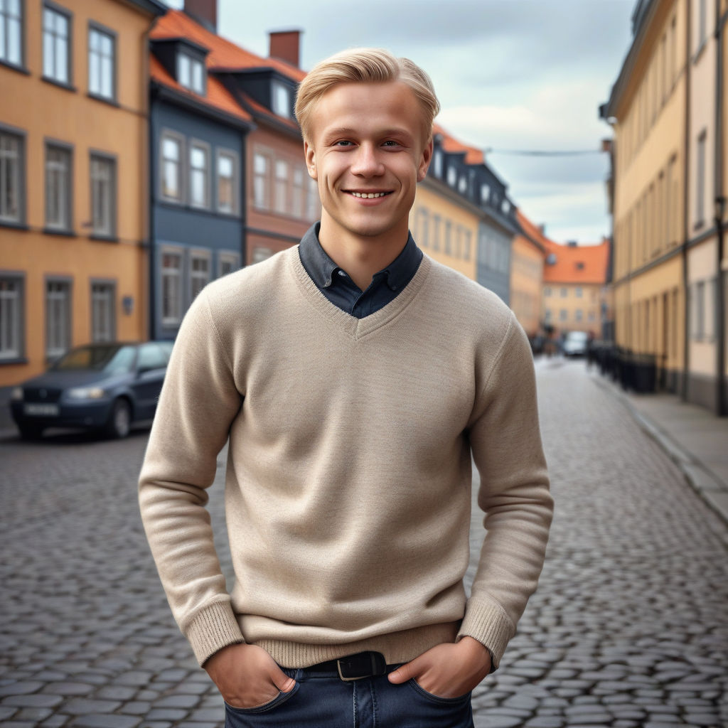 a young Swedish man in his mid-20s. He has short, blonde hair and a friendly smile. His outfit reflects modern Swedish fashion: he is wearing a stylish, fitted sweater over a collared shirt, paired with slim-fit jeans and leather boots. The background features a picturesque Swedish street with historic buildings and a cozy atmosphere, capturing the essence of Swedish culture and style.