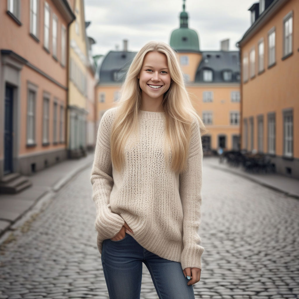 a young Swedish woman in her mid-20s. She has long, blonde hair and a bright smile. Her outfit reflects modern Swedish fashion: she is wearing a stylish, cozy knit sweater paired with skinny jeans and ankle boots. The background features a picturesque Swedish street with historic buildings and a cozy atmosphere, capturing the essence of Swedish culture and style.