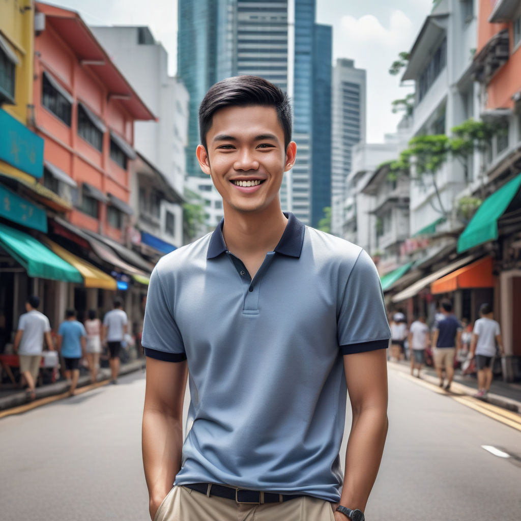 a young Singaporean man in his mid-20s. He has short, black hair and a friendly smile. His outfit reflects modern Singaporean fashion: he is wearing a casual, fitted polo shirt paired with chinos and stylish sneakers. The background features a vibrant Singaporean street with a mix of modern skyscrapers and traditional shophouses, capturing the essence of Singaporean culture and style.