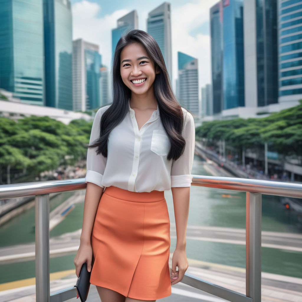 a young Singaporean woman in her mid-20s. She has long, black hair and a bright smile. Her outfit reflects modern Singaporean fashion: she is wearing a stylish, fitted blouse paired with a knee-length skirt and fashionable sandals. The background features a vibrant Singaporean street with a mix of modern skyscrapers and traditional shophouses, capturing the essence of Singaporean culture and style.