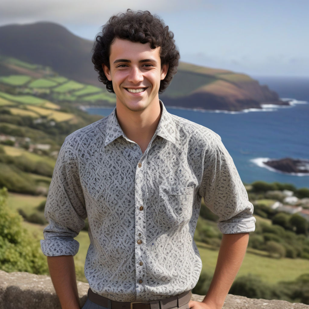 a young Saint Helenian man in his mid-20s from Saint Helena. He has short, curly black hair and a bright, friendly smile. His outfit reflects traditional Saint Helenian fashion: he is wearing a casual, comfortable shirt with subtle patterns, paired with well-fitted trousers and casual shoes. The background features a picturesque view of Saint Helena's coastal landscape with rolling hills and the Atlantic Ocean, capturing the essence of Saint Helenian culture and style.