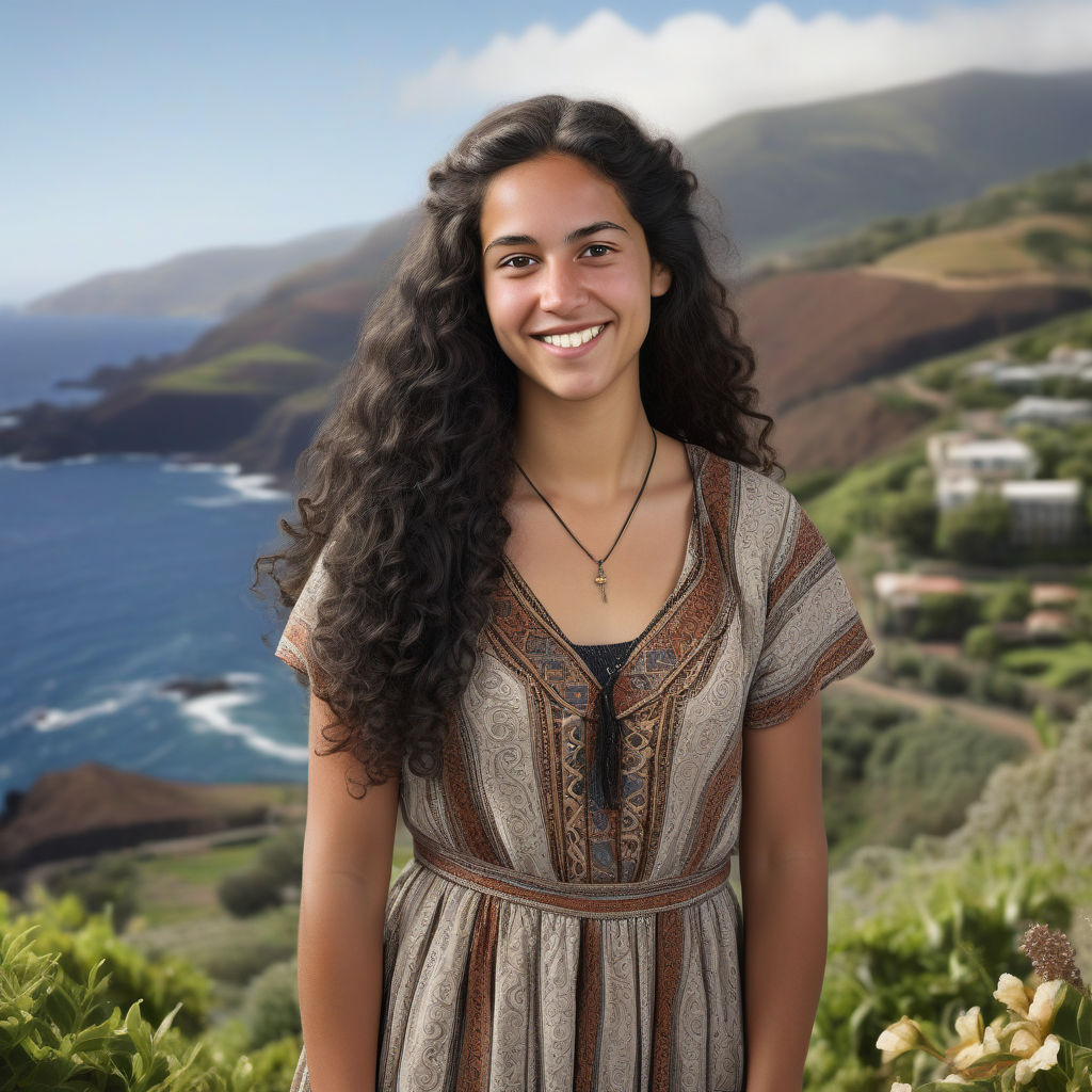 a young Saint Helenian woman in her mid-20s from Saint Helena. She has long, curly black hair and a warm, radiant smile. Her outfit reflects traditional Saint Helenian fashion: she is wearing a comfortable, stylish dress with subtle patterns, paired with simple jewelry and sandals. The background features a beautiful view of Saint Helena's coastal landscape with rolling hills and the Atlantic Ocean, capturing the essence of Saint Helenian culture and style.