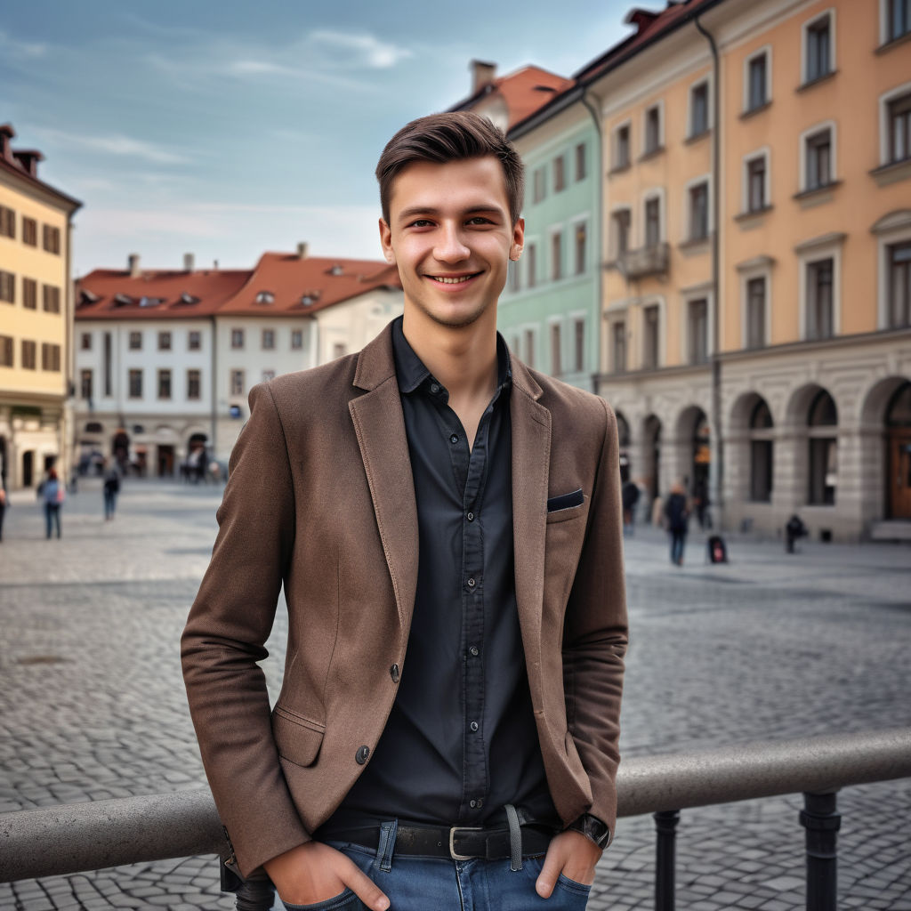 a young Slovenian man in his mid-20s. He has short, dark brown hair and a friendly smile. His outfit reflects modern Slovenian fashion: he is wearing a stylish, fitted blazer over a casual shirt, paired with slim-fit jeans and leather shoes. The background features a picturesque Slovenian street with historic buildings and a cozy atmosphere, capturing the essence of Slovenian culture and style.