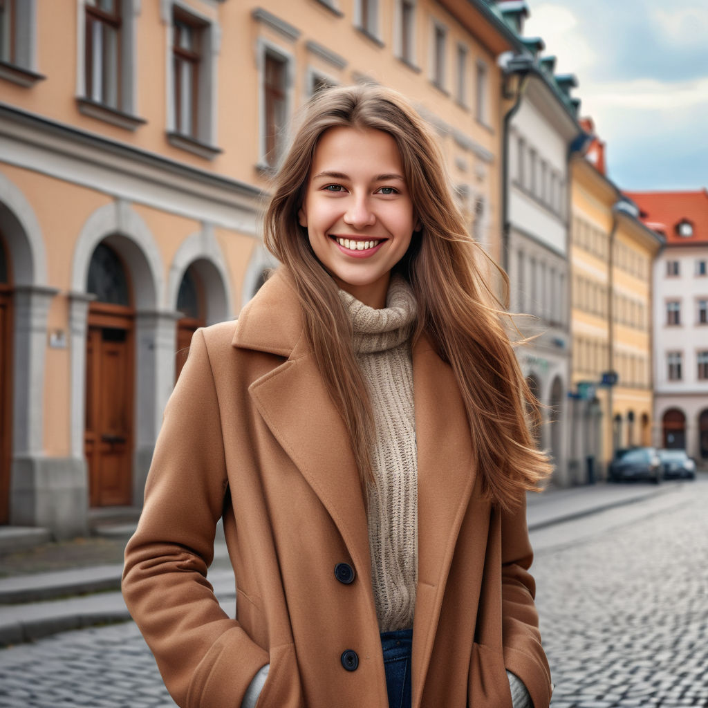 a young Slovenian woman in her mid-20s. She has long, light brown hair and a bright smile. Her outfit reflects modern Slovenian fashion: she is wearing a stylish, fitted coat over a cozy sweater, paired with slim-fit jeans and ankle boots. The background features a picturesque Slovenian street with historic buildings and a cozy atmosphere, capturing the essence of Slovenian culture and style.