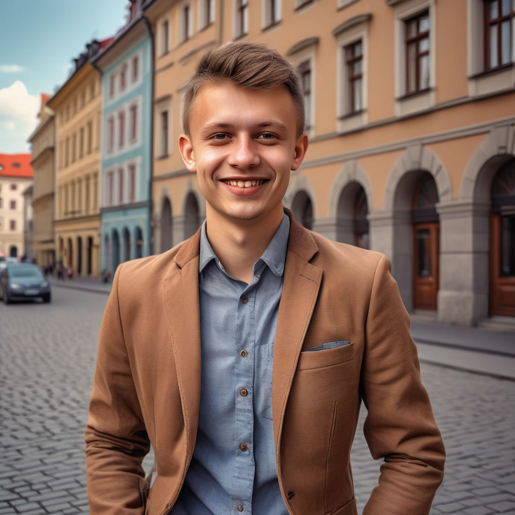 a young Slovak man in his mid-20s. He has short, light brown hair and a friendly smile. His outfit reflects modern Slovak fashion: he is wearing a stylish, fitted blazer over a casual shirt, paired with slim-fit jeans and leather shoes. The background features a picturesque Slovak street with historic buildings and a cozy atmosphere, capturing the essence of Slovak culture and style.