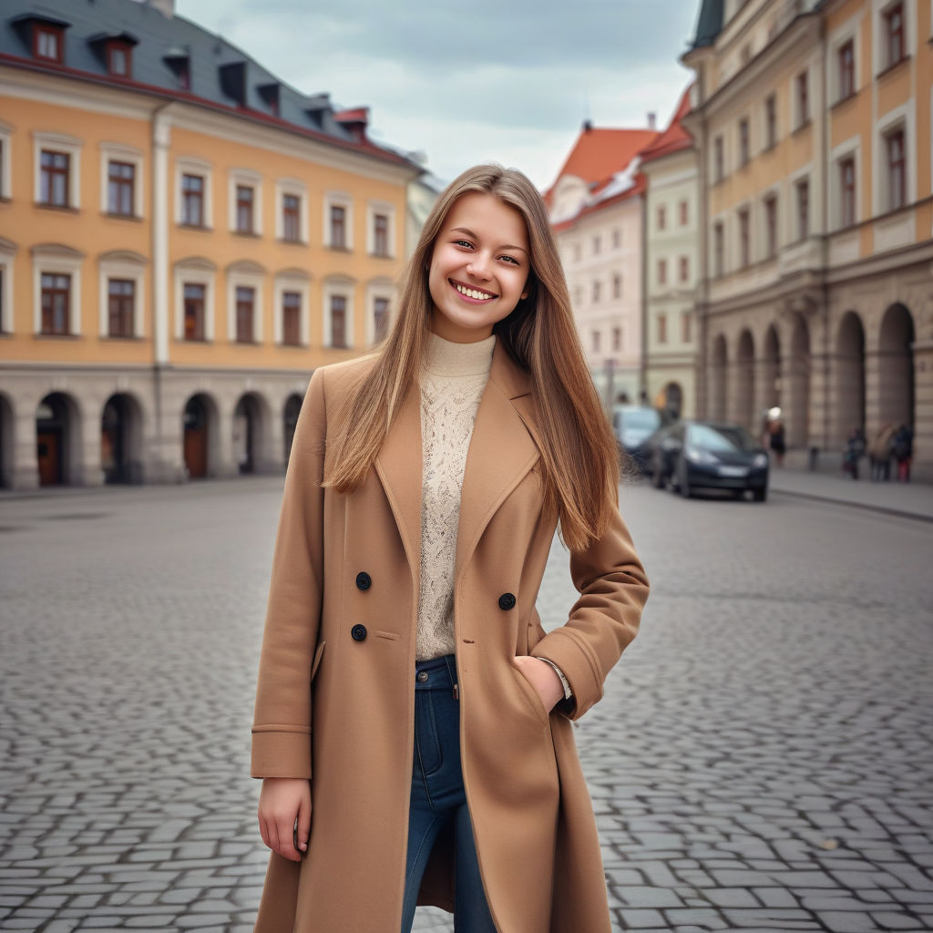 a young Slovak woman in her mid-20s. She has long, light brown hair and a warm smile. Her outfit reflects modern Slovak fashion: she is wearing a stylish, fitted coat over a fashionable blouse, paired with slim-fit jeans and ankle boots. The background features a picturesque Slovak street with historic buildings and a cozy atmosphere, capturing the essence of Slovak culture and style.