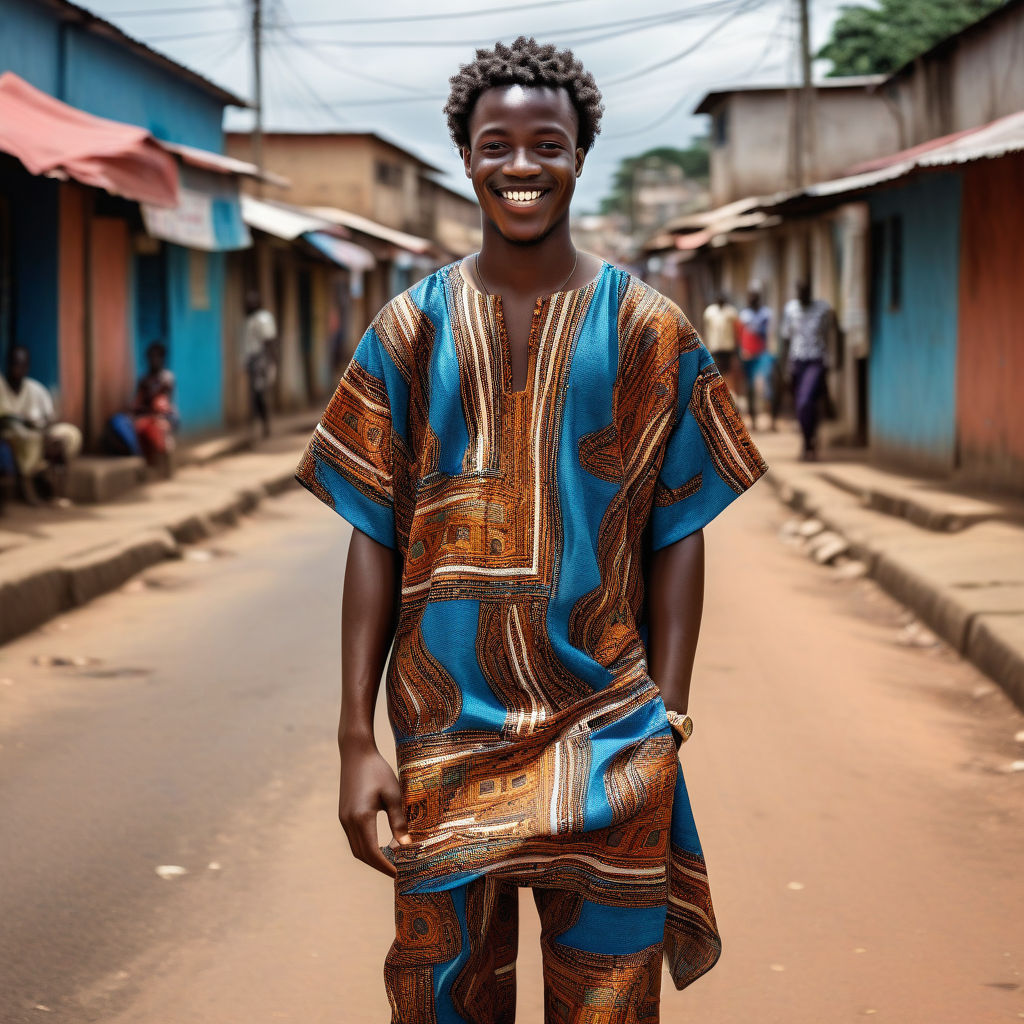 a young Sierra Leonean man in his mid-20s from Sierra Leone. He has short, curly black hair and a warm smile. His outfit reflects modern Sierra Leonean fashion: he is wearing a traditional boubou with vibrant patterns, paired with comfortable trousers and leather sandals. The background features a lively Sierra Leonean street with bustling markets and traditional architecture, capturing the essence of Sierra Leonean culture and style.