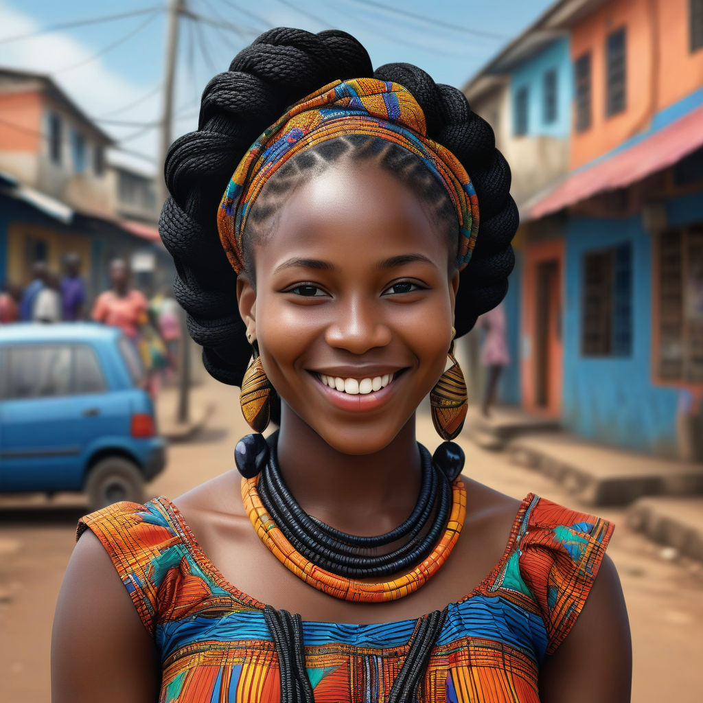 a young Sierra Leonean woman in her mid-20s from Sierra Leone. She has long, braided black hair and a bright smile. Her outfit reflects modern Sierra Leonean fashion: she is wearing a traditional lappa dress with vibrant patterns, paired with traditional jewelry. The background features a lively Sierra Leonean street with bustling markets and traditional architecture, capturing the essence of Sierra Leonean culture and style.