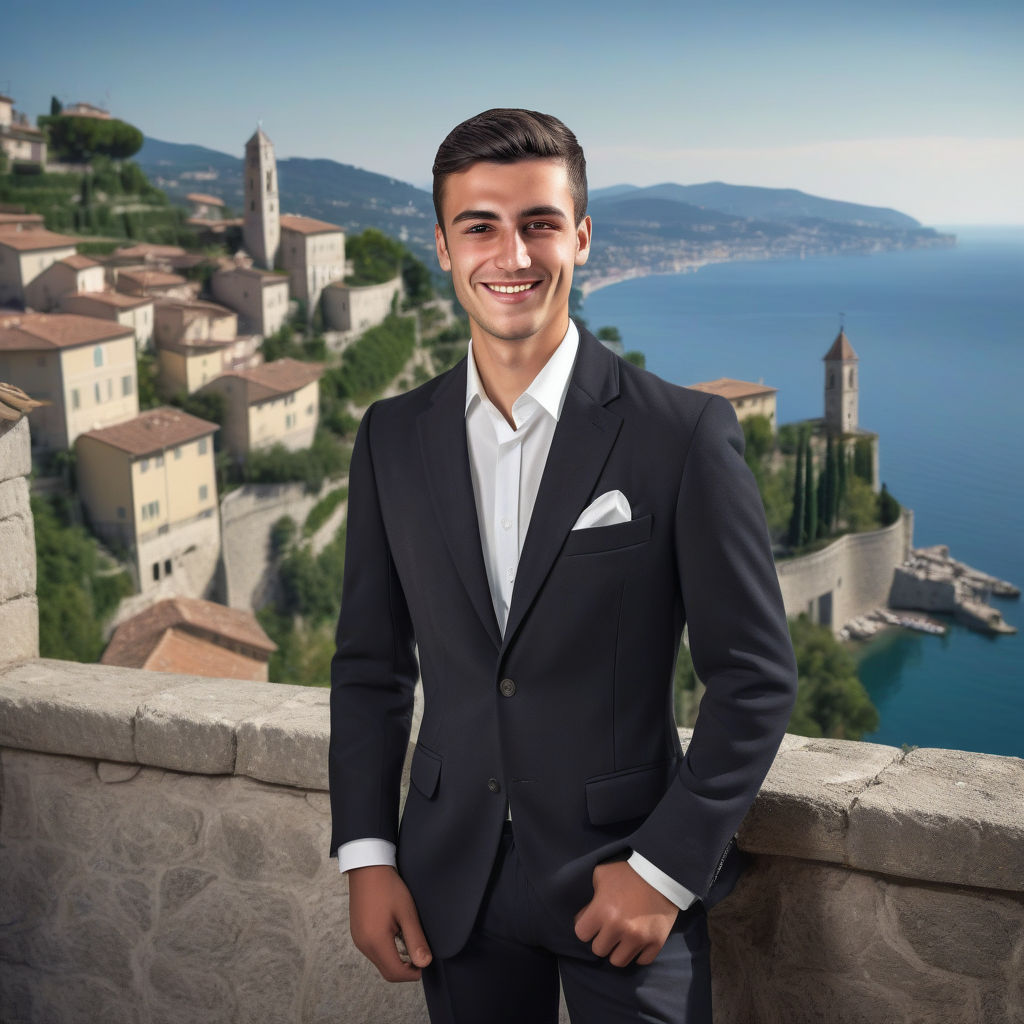 a young Sammarinese man in his mid-20s from San Marino. He has short, dark hair and a confident, friendly smile. His outfit reflects traditional Sammarinese fashion: he is wearing a stylish, tailored blazer over a crisp shirt, paired with well-fitted trousers and polished shoes. The background features a picturesque view of San Marino's historic architecture and rolling hills, capturing the essence of Sammarinese culture and style.