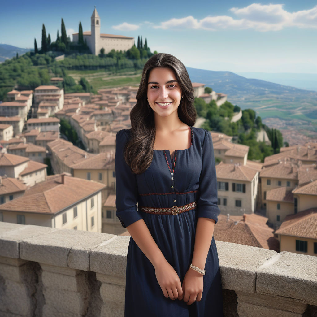 a young Sammarinese woman in her mid-20s from San Marino. She has long, dark hair and a warm, bright smile. Her outfit reflects traditional Sammarinese fashion: she is wearing a stylish, elegant dress with sophisticated accessories, paired with comfortable yet fashionable shoes. The background features a picturesque view of San Marino's historic architecture and rolling hills, capturing the essence of Sammarinese culture and style.