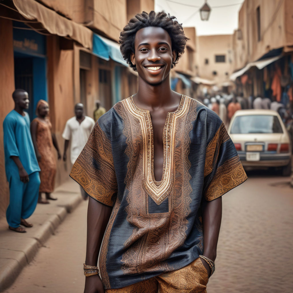 a young Senegalese man in his mid-20s. He has short, curly black hair and a warm smile. His outfit reflects modern Senegalese fashion: he is wearing a traditional boubou with intricate patterns, paired with comfortable trousers and leather sandals. The background features a lively Senegalese street with bustling markets and traditional architecture, capturing the essence of Senegalese culture and style.