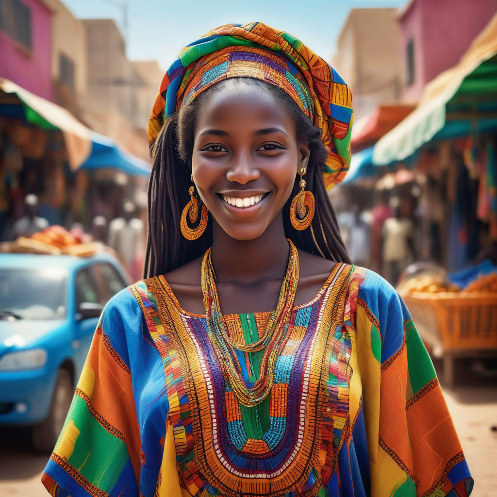 a young Senegalese woman in her mid-20s. She has long, braided black hair and a bright smile. Her outfit reflects modern Senegalese fashion: she is wearing a traditional colorful boubou dress with intricate patterns, paired with traditional jewelry. The background features a lively Senegalese street with bustling markets and traditional architecture, capturing the essence of Senegalese culture and style.