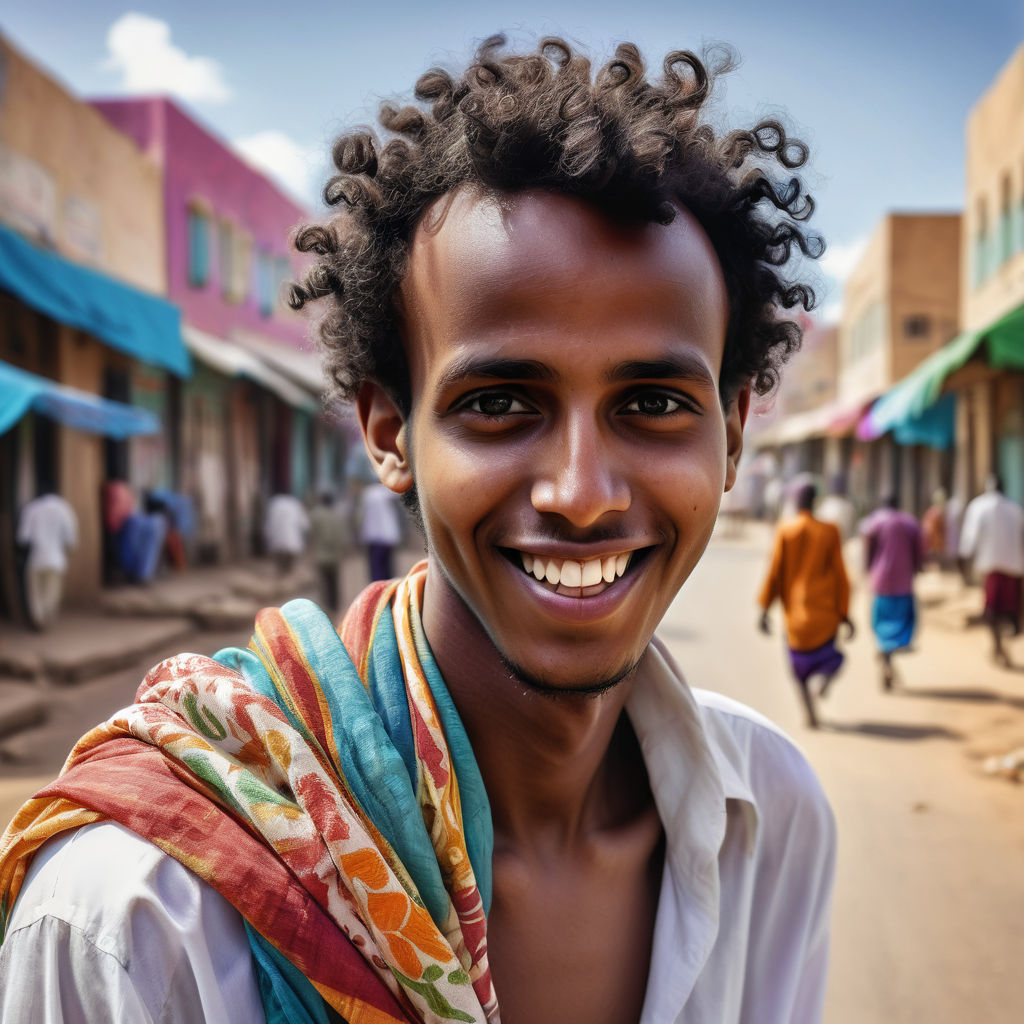 a young Somali man in his mid-20s from Somalia. He has short, curly black hair and a warm smile. His outfit reflects traditional Somali fashion: he is wearing a macawiis (traditional sarong) paired with a crisp white shirt and a colorful shawl draped over his shoulder. The background features a lively Somali street with bustling markets and traditional architecture, capturing the essence of Somali culture and style.