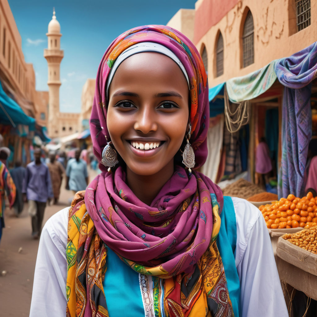 a young Somali woman in her mid-20s from Somalia. She has long, braided black hair and a bright smile. Her outfit reflects traditional Somali fashion: she is wearing a guntiino, a traditional dress, paired with a colorful hijab and traditional jewelry. The background features a lively Somali street with bustling markets and traditional architecture, capturing the essence of Somali culture and style.