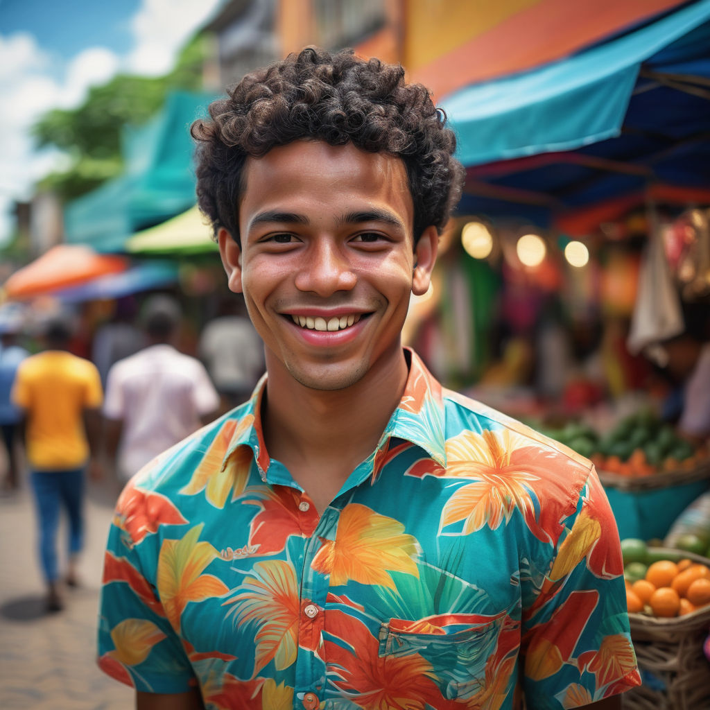 a young Surinamese man in his mid-20s from Suriname. He has short, curly black hair and a warm smile. His outfit reflects modern Surinamese fashion: wearing a colorful, casual shirt with tropical patterns, paired with trousers. The background features a lively Surinamese street with vibrant markets and traditional wooden houses, capturing the essence of Surinamese culture and style.