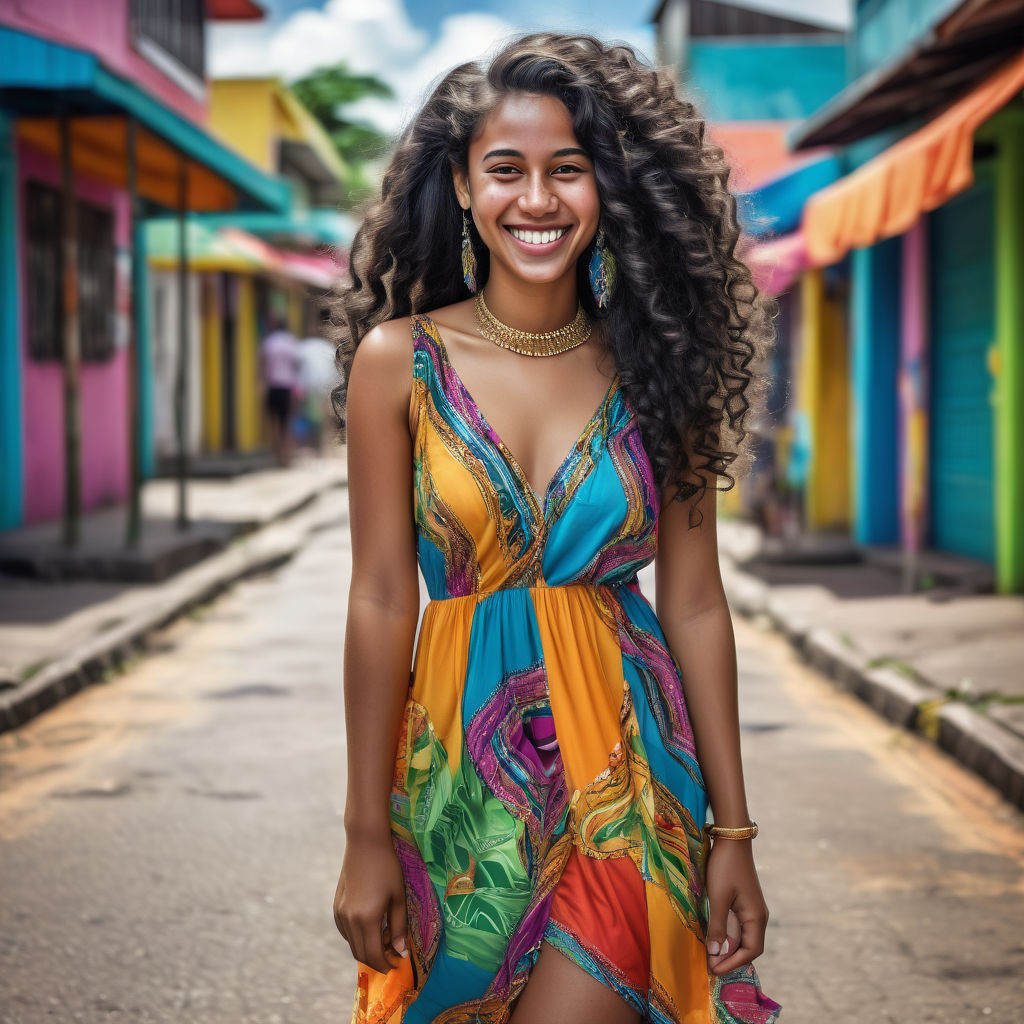 a young Surinamese woman in her mid-20s from Suriname. She has long, curly black hair and a bright smile. Her outfit reflects modern Surinamese fashion: she is wearing a colorful, flowing dress paired with stylish sandals and traditional jewelry. The background features a lively Surinamese street with vibrant markets and traditional wooden houses, capturing the essence of Surinamese culture and style.