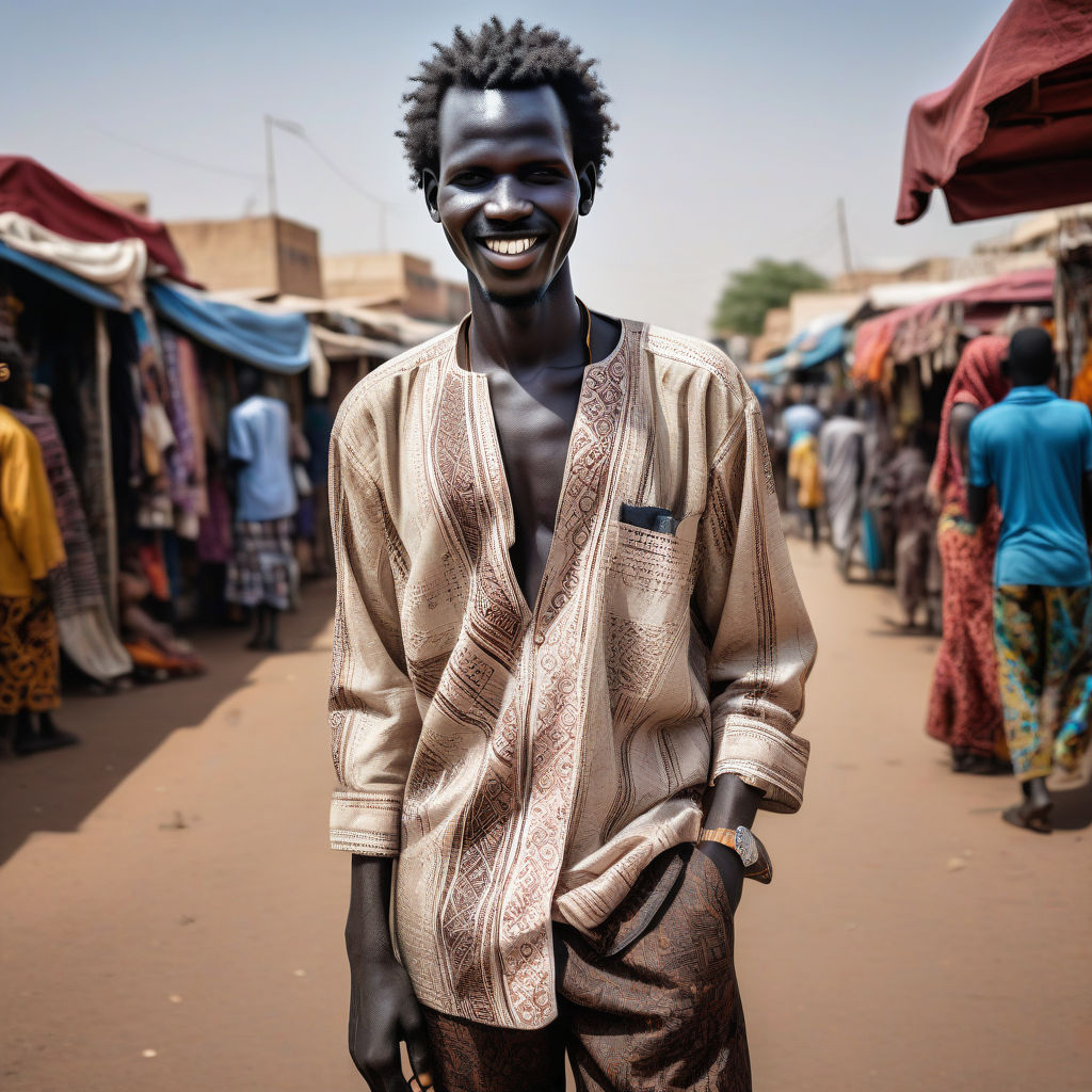 a young South Sudanese man in his mid-20s from South Sudan. He has short, curly black hair and a warm smile. His outfit reflects modern South Sudanese fashion: he is wearing a traditional jalabiya with intricate patterns, paired with comfortable trousers and leather sandals. The background features a lively South Sudanese street with bustling markets and traditional architecture, capturing the essence of South Sudanese culture and style.