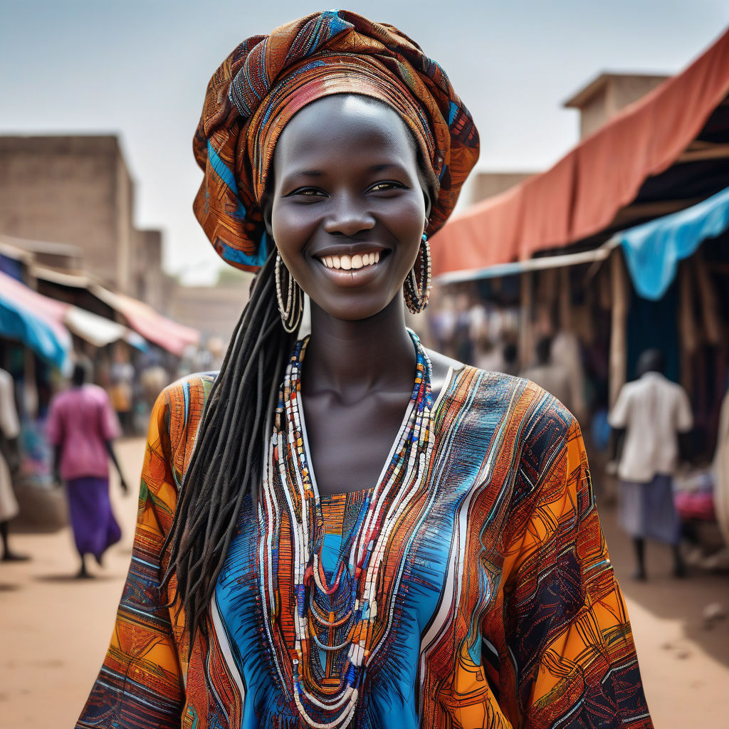 a young South Sudanese woman in her mid-20s from South Sudan. She has long, braided black hair and a bright smile. Her outfit reflects modern South Sudanese fashion: she is wearing a traditional thobe dress with vibrant patterns, paired with traditional jewelry. The background features a lively South Sudanese street with bustling markets and traditional architecture, capturing the essence of South Sudanese culture and style.