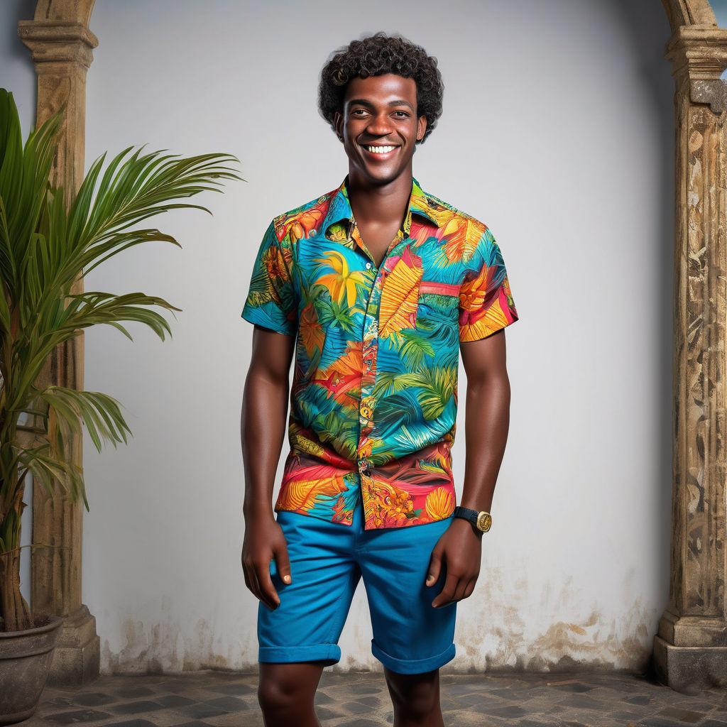 a young Santomean man in his mid-20s from São Tomé and Príncipe. He has short, curly black hair and a bright, friendly smile. His outfit reflects traditional Santomean fashion: he is wearing a colorful, patterned shirt with tropical designs, paired with casual shorts and sandals. The background features a picturesque São Toméan beach with clear blue waters and lush palm trees, capturing the essence of São Toméan culture and style.