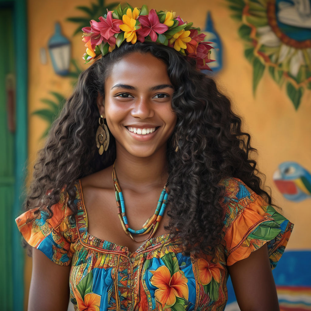 a young Santomean woman in her mid-20s from São Tomé and Príncipe. She has long, curly black hair and a warm, radiant smile. Her outfit reflects traditional Santomean fashion: wearing a colorful, patterned dress with tropical designs, paired with simple jewelry. The background features a beautiful São Toméan beach with clear blue waters and lush palm trees, capturing the essence of São Toméan culture and style.