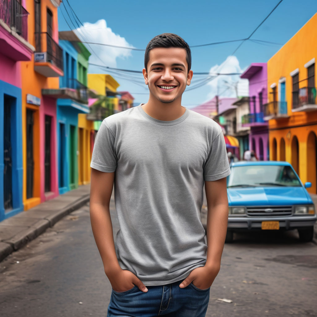 a young Salvadoran man in his mid-20s. He has short, dark hair and a friendly smile. His outfit reflects modern Salvadoran fashion: he is wearing a casual, fitted t-shirt paired with jeans and stylish sneakers. The background features a lively Salvadoran street with colorful buildings and a vibrant atmosphere, capturing the essence of Salvadoran culture and style.