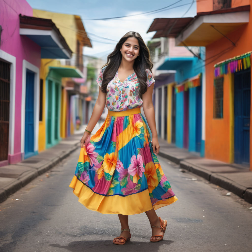 a young Salvadoran woman in her mid-20s. She has long, dark hair and a bright smile. Her outfit reflects modern Salvadoran fashion: she is wearing a colorful, fitted blouse paired with a flowing skirt and stylish sandals. The background features a lively Salvadoran street with vibrant buildings and a festive atmosphere, capturing the essence of Salvadoran culture and style.