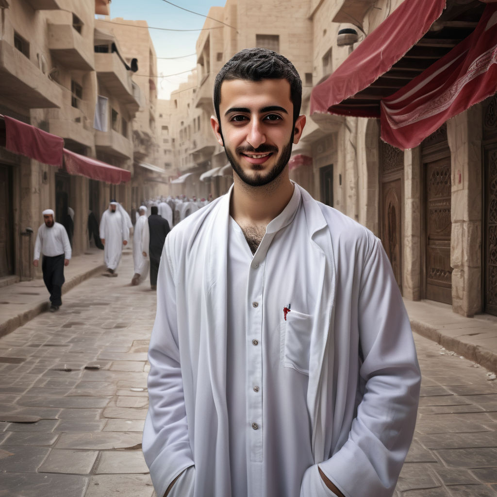 a young Syrian man in his mid-20s. He has short, dark hair and a neatly groomed beard. His outfit reflects traditional Syrian fashion: he is wearing a white thobe paired with a red and white keffiyeh. The background features a bustling Syrian street with traditional architecture and a lively atmosphere, capturing the essence of Syrian culture and style.