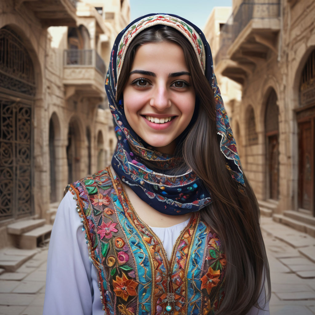 a young Syrian woman in her mid-20s. She has long, dark hair and a warm smile. Her outfit reflects traditional Syrian fashion: she is wearing a colorful, intricately embroidered dress paired with a matching headscarf. The background features a bustling Syrian street with traditional architecture and a lively atmosphere, capturing the essence of Syrian culture and style.