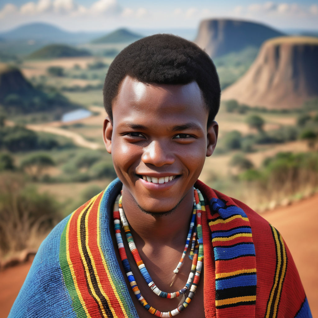 a young Eswatini man in his mid-20s from Eswatini (Swaziland). He has short, curly black hair and a warm smile. His outfit reflects traditional Eswatini fashion: wearing a traditional emajobo, a colorful wrap, paired with traditional beadwork. The background features a picturesque Eswatini landscape with rolling hills and traditional huts, capturing the essence of Eswatini culture and style.