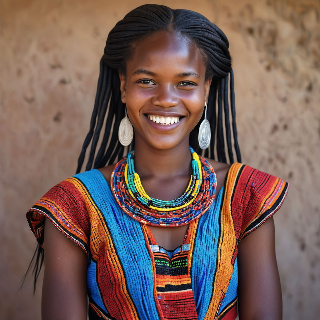 a young Eswatini woman in her mid-20s from Eswatini (Swaziland). She has long, braided black hair and a bright smile. Her outfit reflects traditional Eswatini fashion: she is wearing a traditional lihiya, a colorful wrap dress, paired with traditional beadwork jewelry and sandals. The background features a picturesque Eswatini landscape with rolling hills and traditional huts, capturing the essence of Eswatini culture and style.