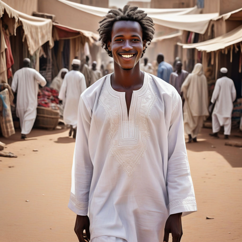 a young Chadian man in his mid-20s from Chad. He has short, curly black hair and a warm smile. His outfit reflects traditional Chadian fashion: he is wearing a white boubou with intricate embroidery, paired with comfortable trousers and leather sandals. The background features a lively Chadian street with bustling markets and traditional architecture, capturing the essence of Chadian culture and style.