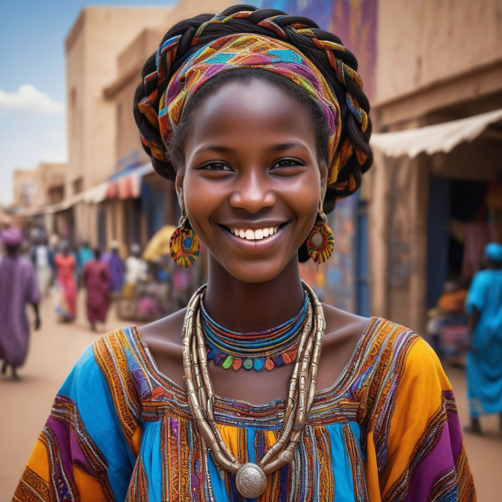 a young Chadian woman in her mid-20s from Chad. She has long, braided black hair and a bright smile. Her outfit reflects traditional Chadian fashion: she is wearing a colorful pagne dress with intricate patterns, paired with traditional jewelry. The background features a lively Chadian street with bustling markets and traditional architecture, capturing the essence of Chadian culture and style.