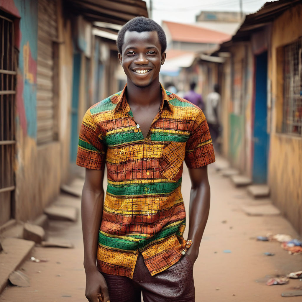 a young Togolese man in his mid-20s from Togo. He has short, curly black hair and a warm smile. His outfit reflects modern Togolese fashion: he is wearing a traditional kente shirt with vibrant patterns, paired with comfortable trousers and leather sandals. The background features a lively Togolese street with bustling markets and traditional architecture, capturing the essence of Togolese culture and style.