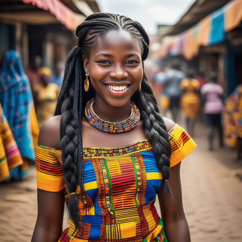 a young Togolese woman in her mid-20s from Togo. She has long, braided black hair and a bright smile. Her outfit reflects modern Togolese fashion: she is wearing a traditional kente dress with vibrant patterns, paired with traditional jewelry. The background features a lively Togolese street with bustling markets and traditional architecture, capturing the essence of Togolese culture and style.