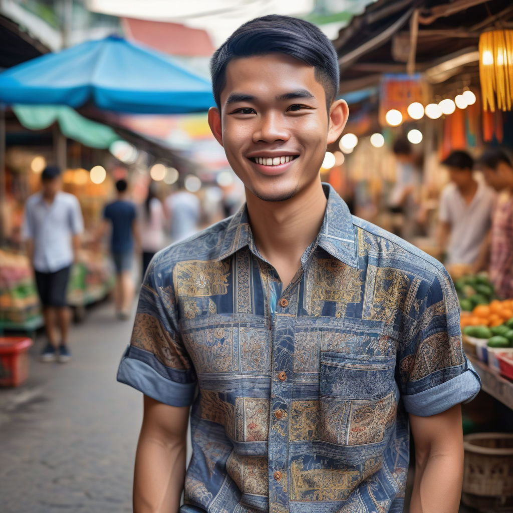 a young Thai man in his mid-20s. He has short black hair and a friendly smile. His outfit reflects modern Thai fashion: he is wearing a casual button-up shirt with traditional Thai patterns, paired with slim-fit jeans and stylish sneakers. The background features a vibrant Thai street with market stalls and traditional architecture, capturing the essence of Thai culture and style.