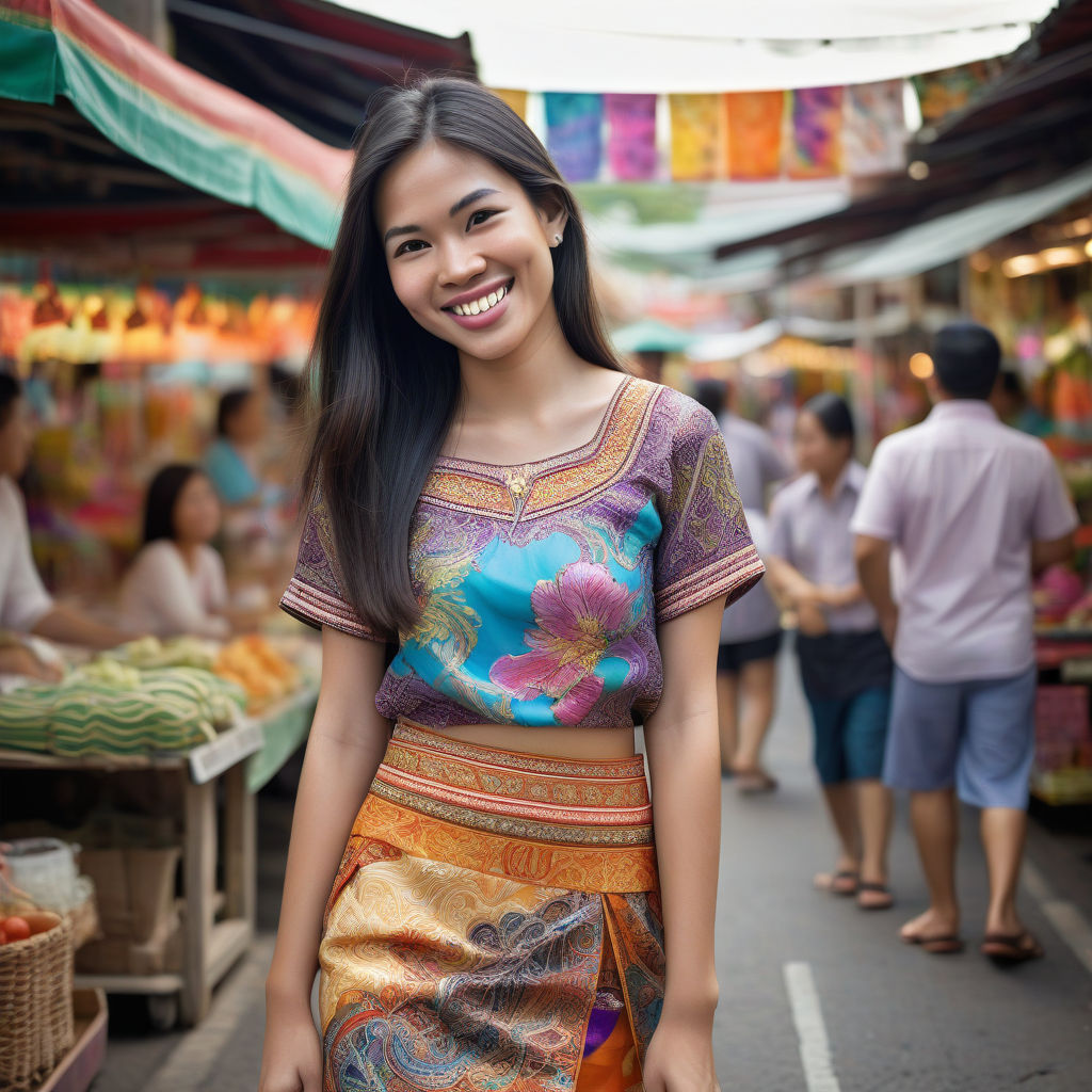 a young Thai woman in her mid-20s. She has long, dark hair and a bright smile. Her outfit reflects contemporary Thai fashion: she is wearing a colorful, traditional Thai blouse with intricate patterns, paired with a modern skirt and sandals. The background features a lively Thai street with market stalls and traditional temples, capturing the essence of Thai culture and style.