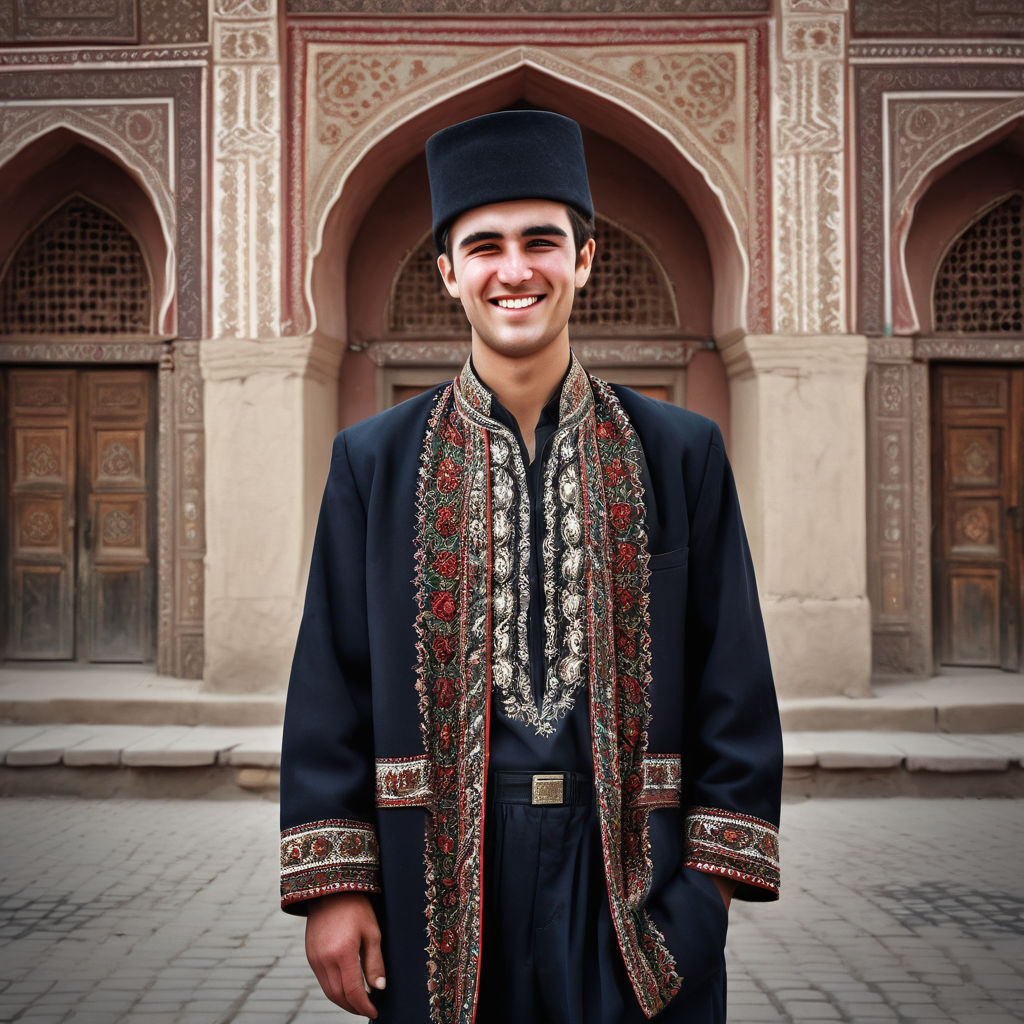 a young Tajik man in his mid-20s. He has short, dark hair and a friendly smile. His outfit reflects traditional Tajik fashion: he is wearing a traditional chapan coat with intricate embroidery over a shirt, paired with traditional trousers and a tubeteika hat. The background features a picturesque Tajik street with historic buildings and a vibrant atmosphere, capturing the essence of Tajik culture and style.